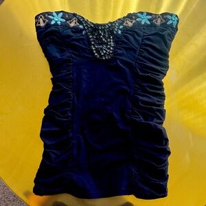 Free People Black Strapless tube shirt with Blue Floral Details